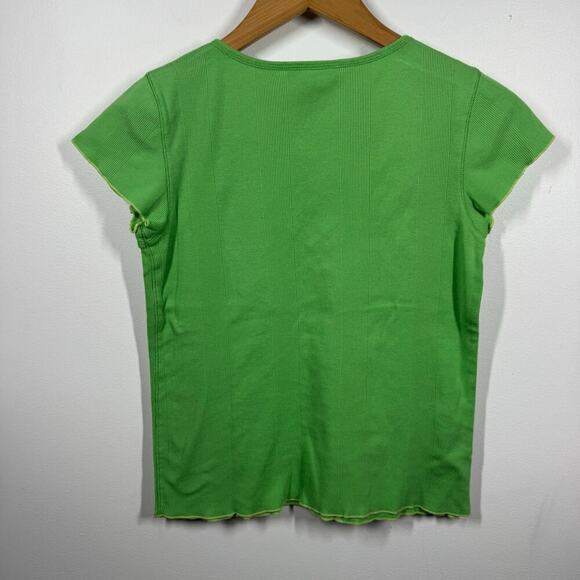 Women M Baby Tee Kelly Green Lettuce Hem Tie Neck Line Y2K Bratz Ribbed Cotton - Picture 2 of 6